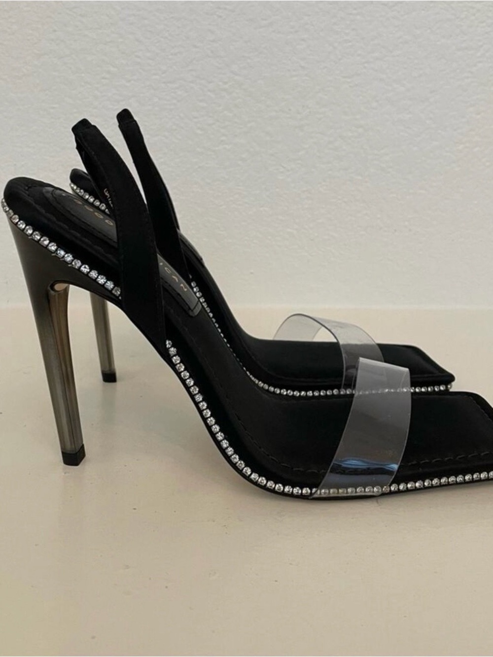 Good American Black Stiletto Slingbacks with Clear Toe Strap and Rhinestones